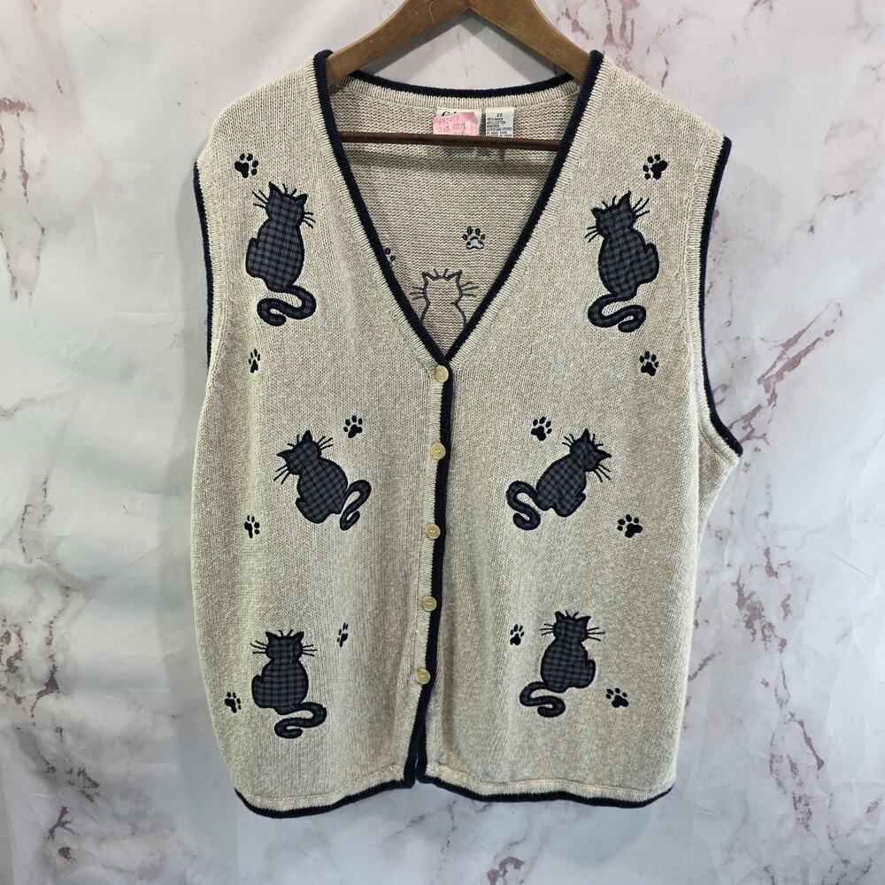 Vintage Sweater Vest Women 2X Blue Embroidered Crazy Cat Lady 90s Granny Grandma